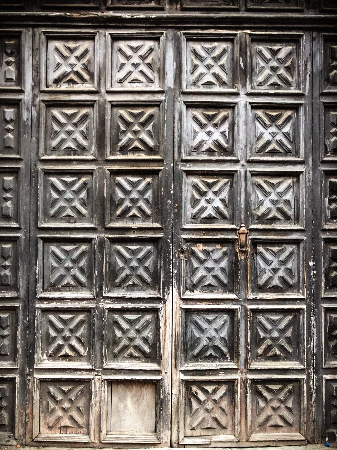 A dark door carved in square panels