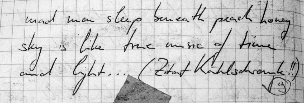 Handschriftliches Zitat #9: „mad man sleep beneath peach honey sky is like free music of time and light … (Zitat Kühlschrank!!)“