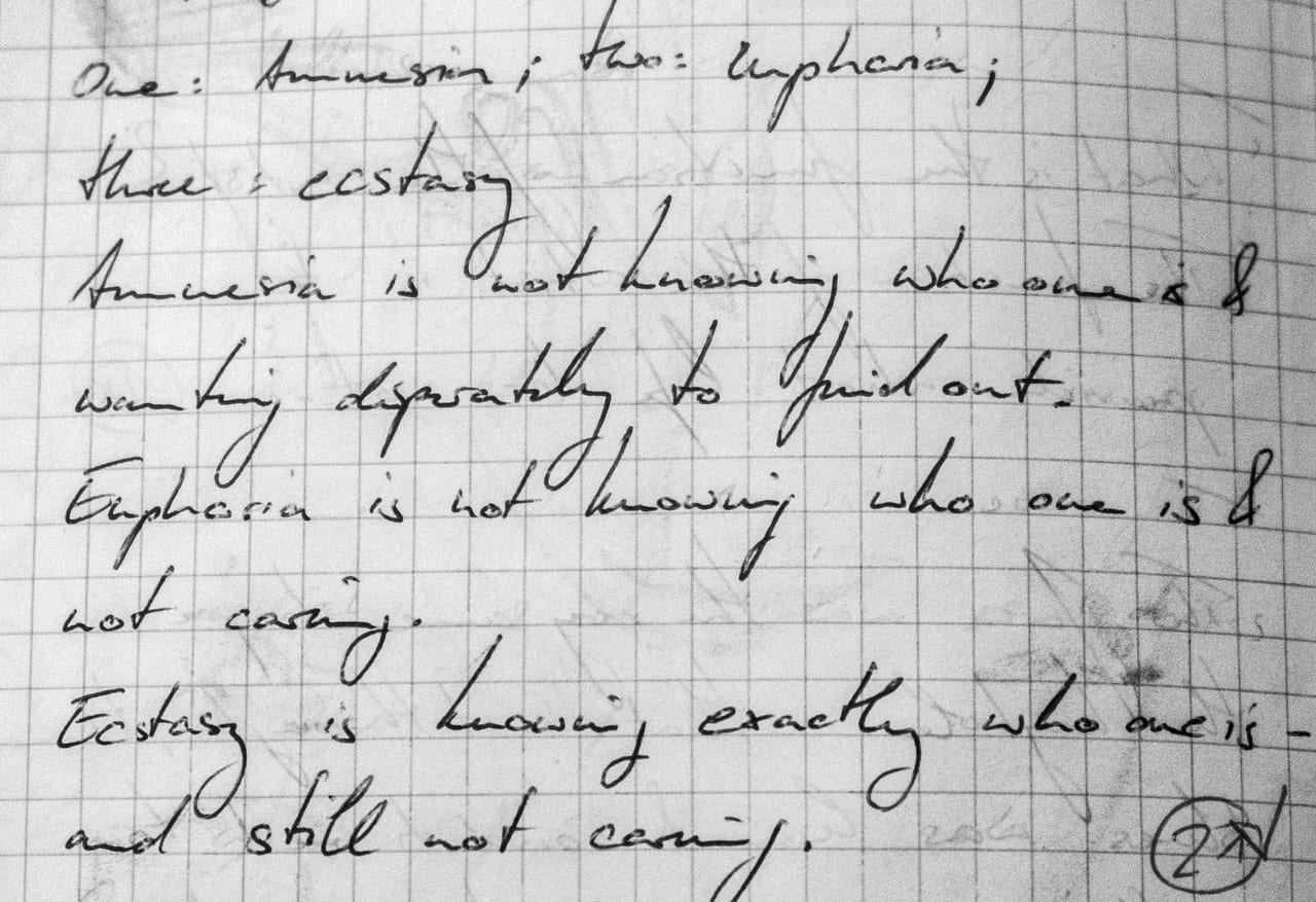 Handschriftliches Zitat #21: „One: amnesia; two: euphoria; three: ecstasy. Amnesia is not knowing who one is & wanting desperately to find out. Euphoria is not knowing who one is & not caring. Ecstasy is knowing exactly who one is — and still not caring.“